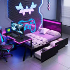 Twin/Full Gaming Bed with Desk and LED Headboard, Metal Game Bed with Storage Drawers for Kids and Adults, Black