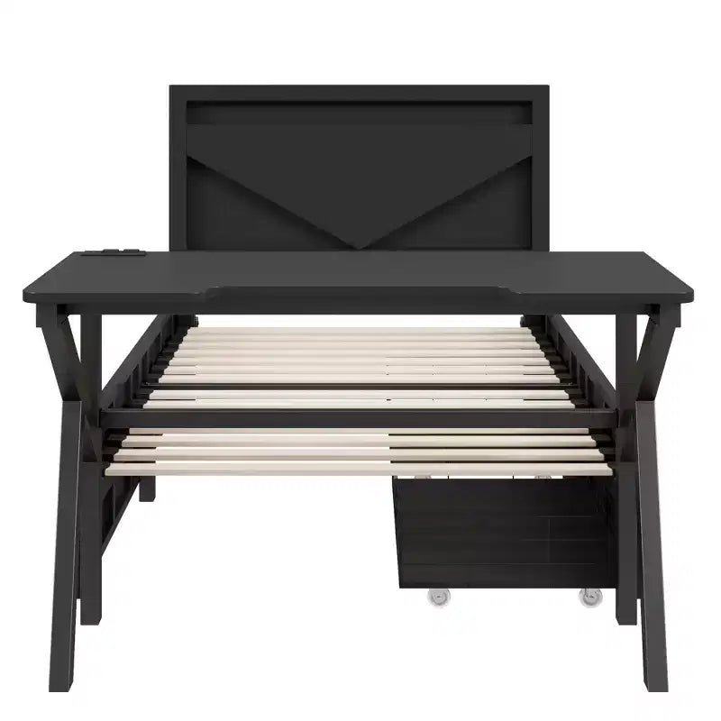 Letto a castello/matrimoniale da gaming con scrivania e testiera a LED, letto in metallo con cassetti portaoggetti per bambini e adulti, nero