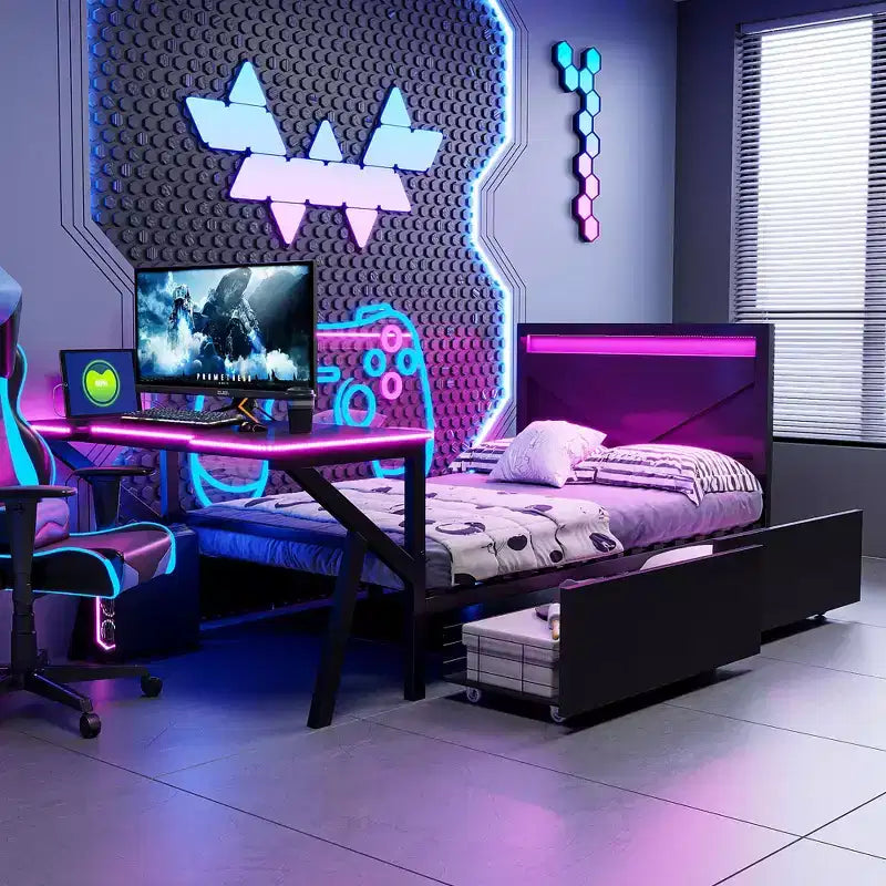 Letto a castello/matrimoniale da gaming con scrivania e testiera a LED, letto in metallo con cassetti portaoggetti per bambini e adulti, nero