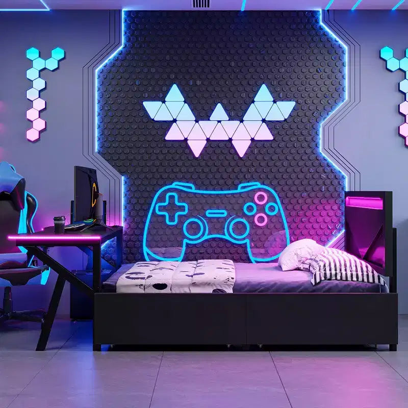 Letto a castello/matrimoniale da gaming con scrivania e testiera a LED, letto in metallo con cassetti portaoggetti per bambini e adulti, nero