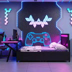 Letto a castello/matrimoniale da gaming con scrivania e testiera a LED, letto in metallo con cassetti portaoggetti per bambini e adulti, nero