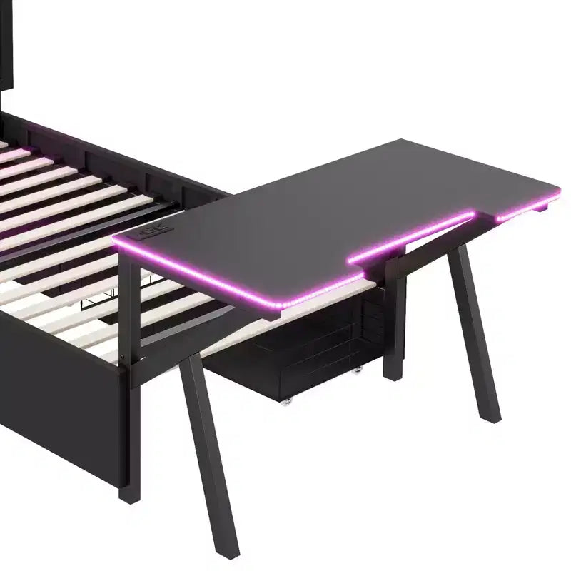Letto a castello/matrimoniale da gaming con scrivania e testiera a LED, letto in metallo con cassetti portaoggetti per bambini e adulti, nero
