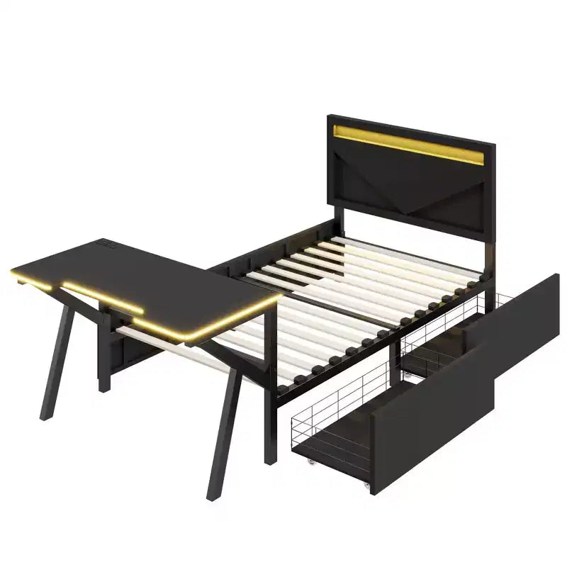 Letto a castello/matrimoniale da gaming con scrivania e testiera a LED, letto in metallo con cassetti portaoggetti per bambini e adulti, nero