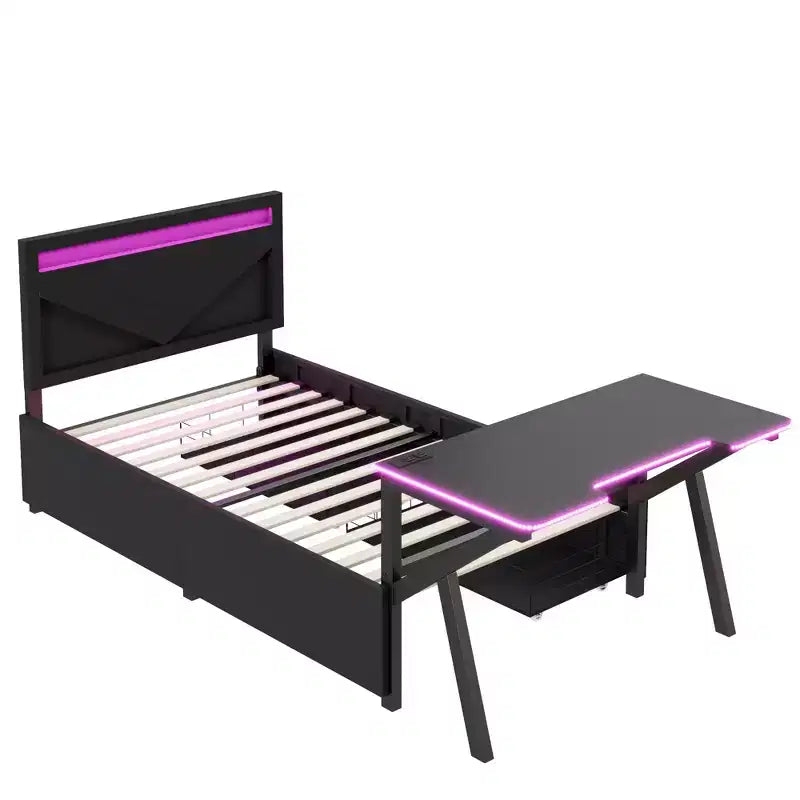 Letto a castello/matrimoniale da gaming con scrivania e testiera a LED, letto in metallo con cassetti portaoggetti per bambini e adulti, nero