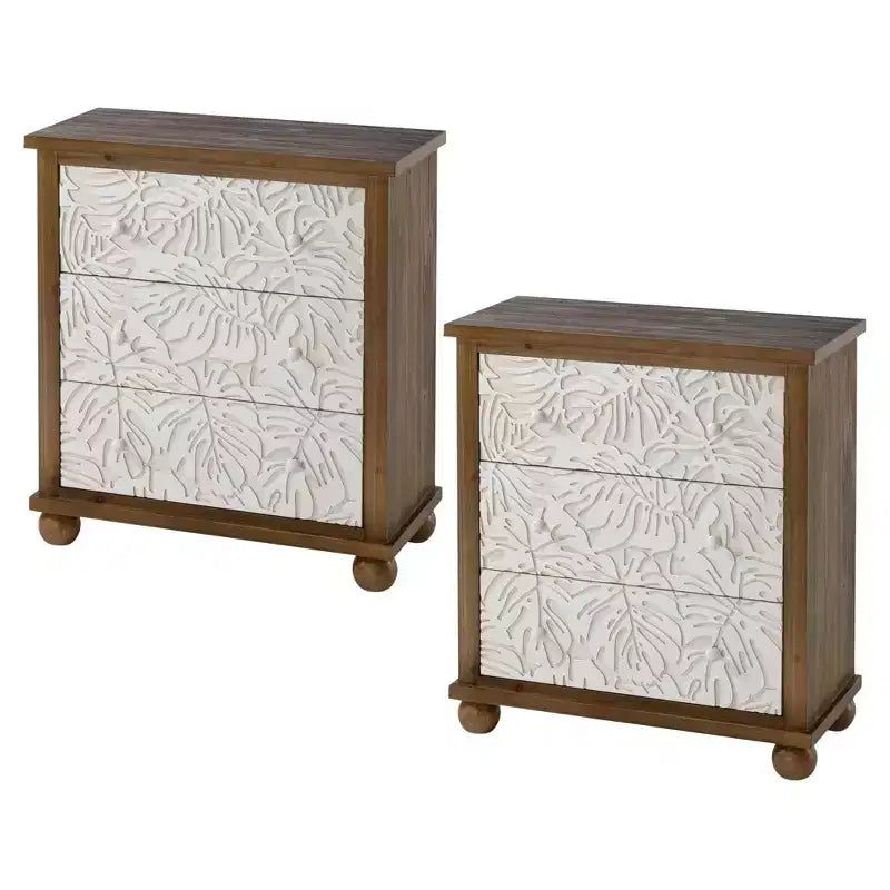 COZAYH Rustic Farmhouse Dresser with Carved Leaves Pattern & 3 Drawers, Set of 2
