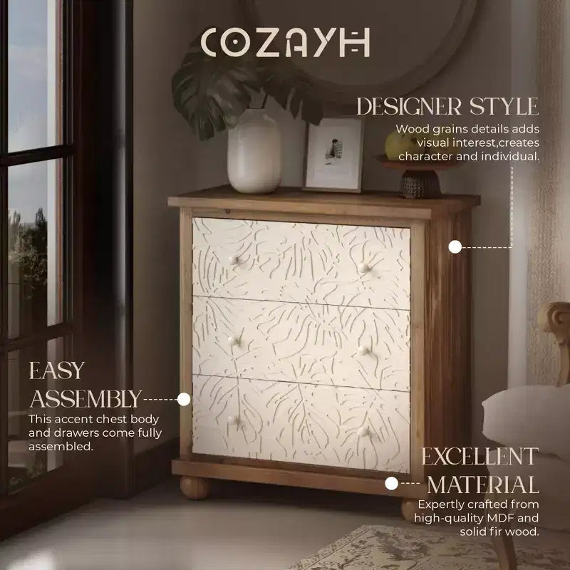 COZAYH Cassettiera rustica da fattoria con motivo a foglie intagliate e 3 cassetti, set da 2