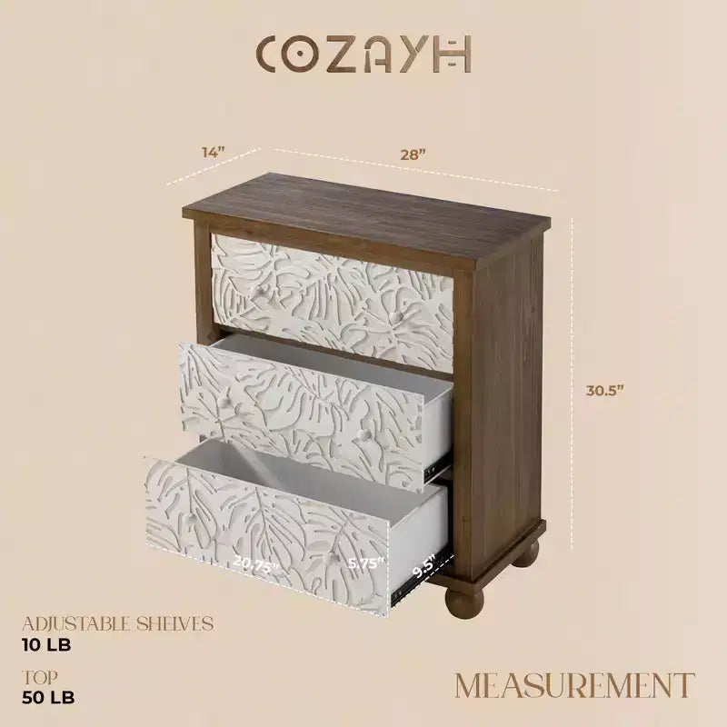 COZAYH Cassettiera rustica da fattoria con motivo a foglie intagliate e 3 cassetti, set da 2