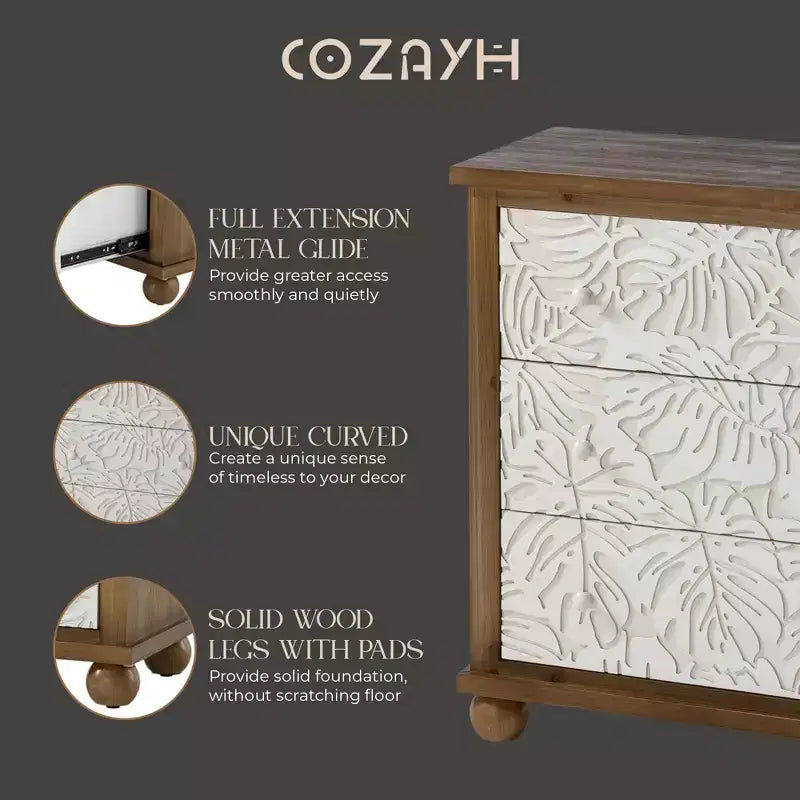 COZAYH Cassettiera rustica da fattoria con motivo a foglie intagliate e 3 cassetti, set da 2