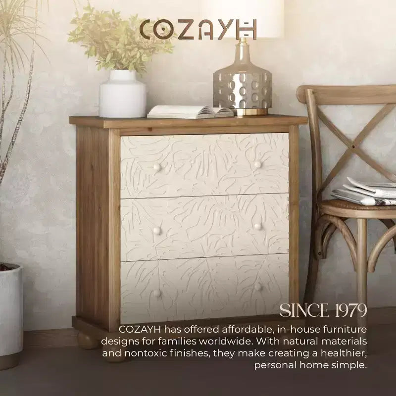 COZAYH Cassettiera rustica da fattoria con motivo a foglie intagliate e 3 cassetti, set da 2
