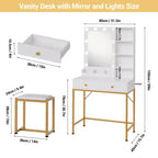 1 set of iron-inlaid vanity with 2 drawers + adjustable 3-color brightness bulb, hairdryer holder, suitable for bedrooms and living rooms