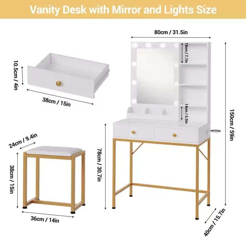 1 set of iron-inlaid vanity with 2 drawers + adjustable 3-color brightness bulb, hairdryer holder, suitable for bedrooms and living rooms
