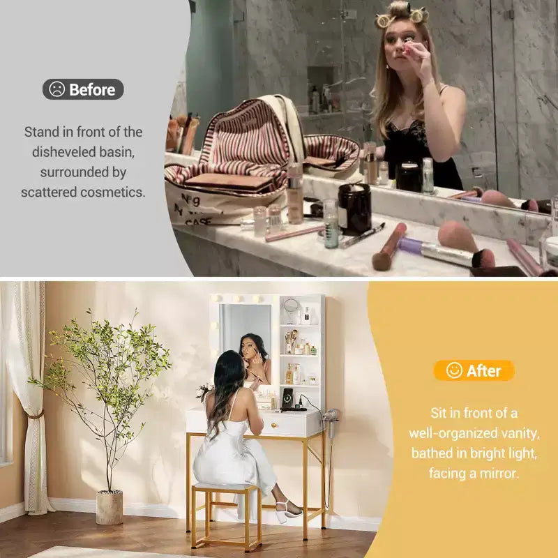 1 coiffeuse incrustée de fer avec 2 tiroirs + ampoule réglable à 3 couleurs de luminosité, support pour sèche-cheveux, adaptée aux chambres et aux salons