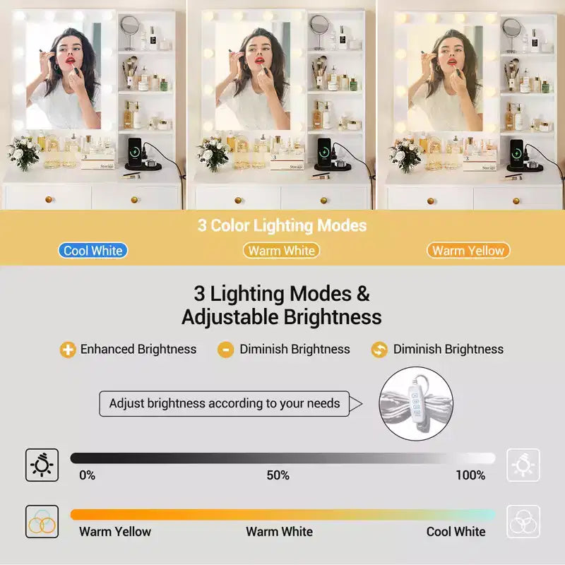 1 coiffeuse incrustée de fer avec 2 tiroirs + ampoule réglable à 3 couleurs de luminosité, support pour sèche-cheveux, adaptée aux chambres et aux salons