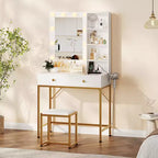 1 coiffeuse incrustée de fer avec 2 tiroirs + ampoule réglable à 3 couleurs de luminosité, support pour sèche-cheveux, adaptée aux chambres et aux salons