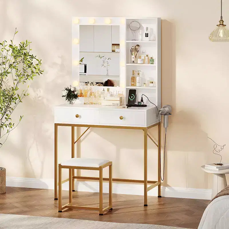 1 coiffeuse incrustée de fer avec 2 tiroirs + ampoule réglable à 3 couleurs de luminosité, support pour sèche-cheveux, adaptée aux chambres et aux salons