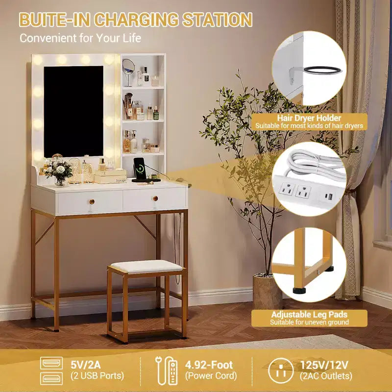 1 coiffeuse incrustée de fer avec 2 tiroirs + ampoule réglable à 3 couleurs de luminosité, support pour sèche-cheveux, adaptée aux chambres et aux salons