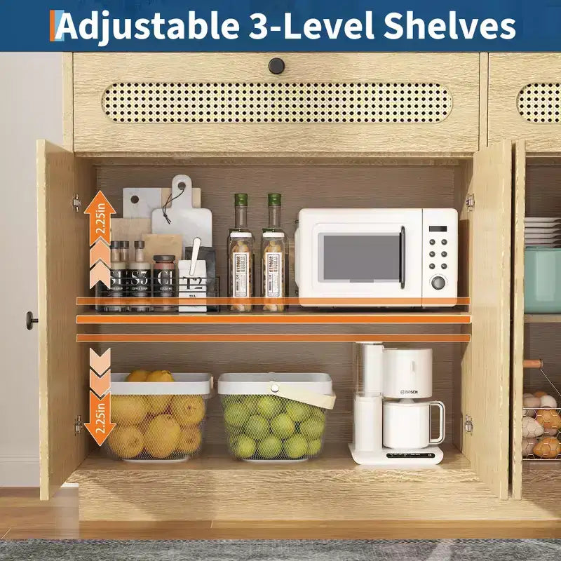 Mobile credenza in rattan da 60'' con 2 cassetti e 4 ante in rattan, ripiani regolabili e vano portaoggetti, per sala da pranzo, soggiorno, ingresso