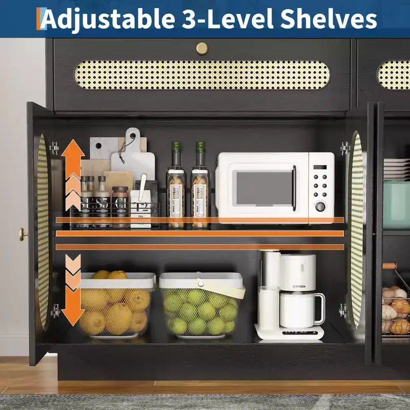 Meuble buffet en rotin de 152 cm avec 2 tiroirs et 4 portes en rotin, étagères réglables et rangement, pour salle à manger, salon, entrée