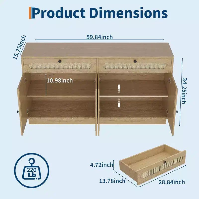 Mobile credenza in rattan da 60'' con 2 cassetti e 4 ante in rattan, ripiani regolabili e vano portaoggetti, per sala da pranzo, soggiorno, ingresso