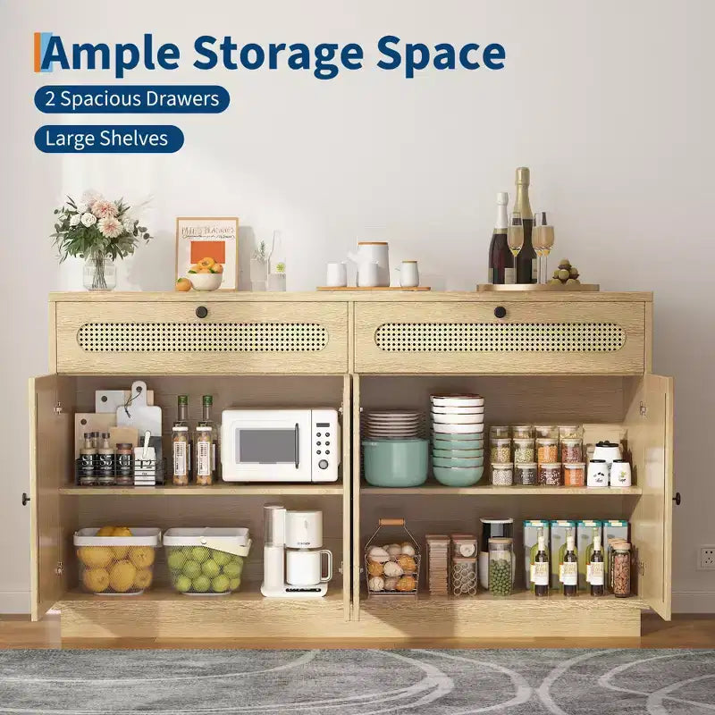 Mobile credenza in rattan da 60'' con 2 cassetti e 4 ante in rattan, ripiani regolabili e vano portaoggetti, per sala da pranzo, soggiorno, ingresso