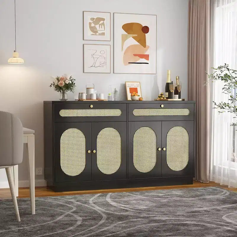 60'' Rattan Sideboard Buffet Cabinet with 2 Drawers & 4 Rattan Doors and Adjustable Shelves & Storage, for Dining Room, Living Room, Entryway
