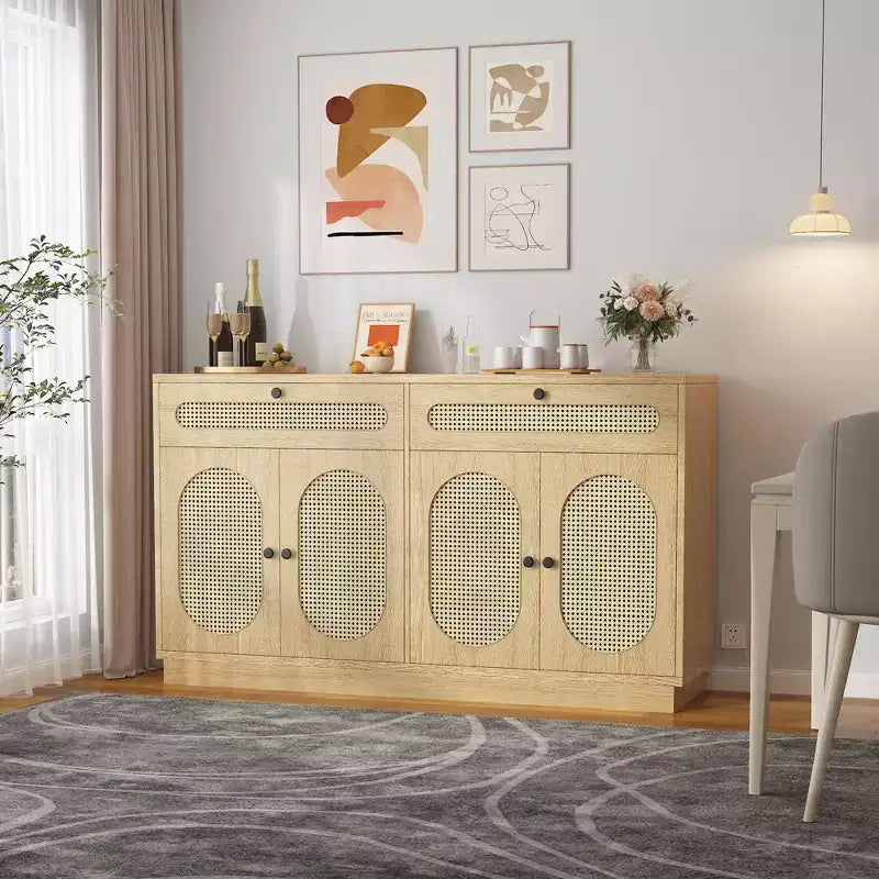 Meuble buffet en rotin de 152 cm avec 2 tiroirs et 4 portes en rotin, étagères réglables et rangement, pour salle à manger, salon, entrée
