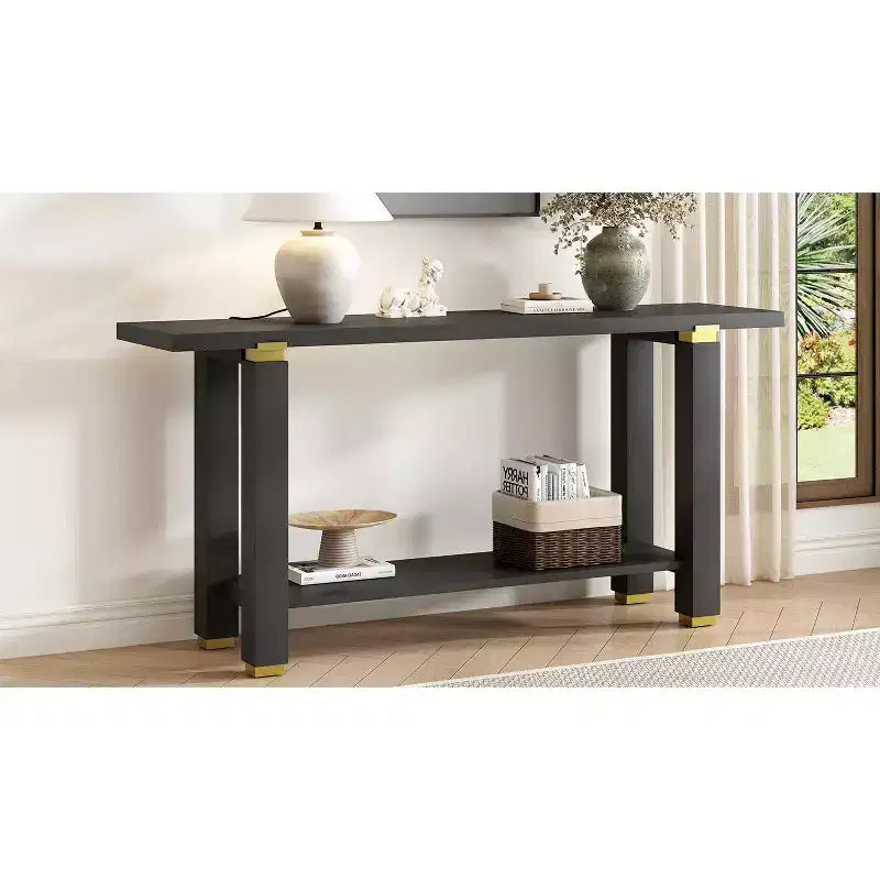 Consolle minimalista con contenitore, Tavolino da ingresso in legno con ripiano aperto, Tavolino da corridoio stile rustico