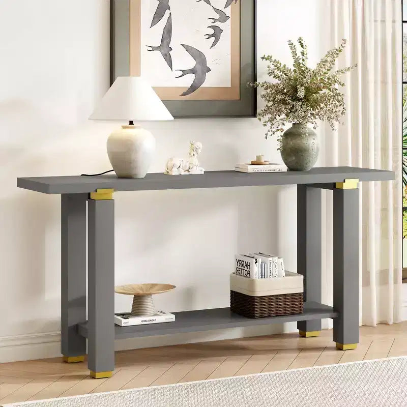 Consolle minimalista con contenitore, Tavolino da ingresso in legno con ripiano aperto, Tavolino da corridoio stile rustico