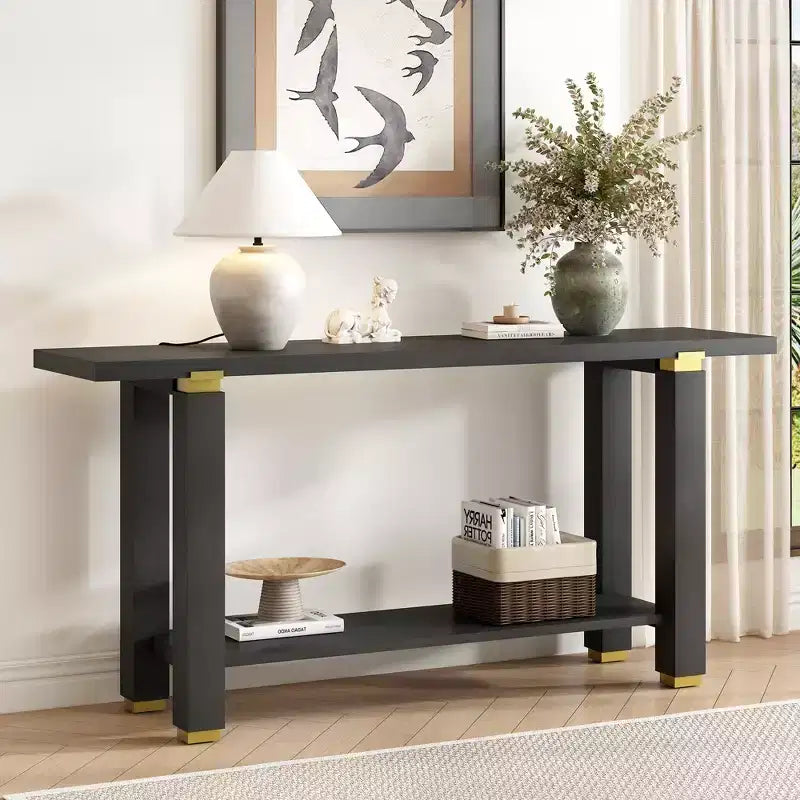 Consolle minimalista con contenitore, Tavolino da ingresso in legno con ripiano aperto, Tavolino da corridoio stile rustico
