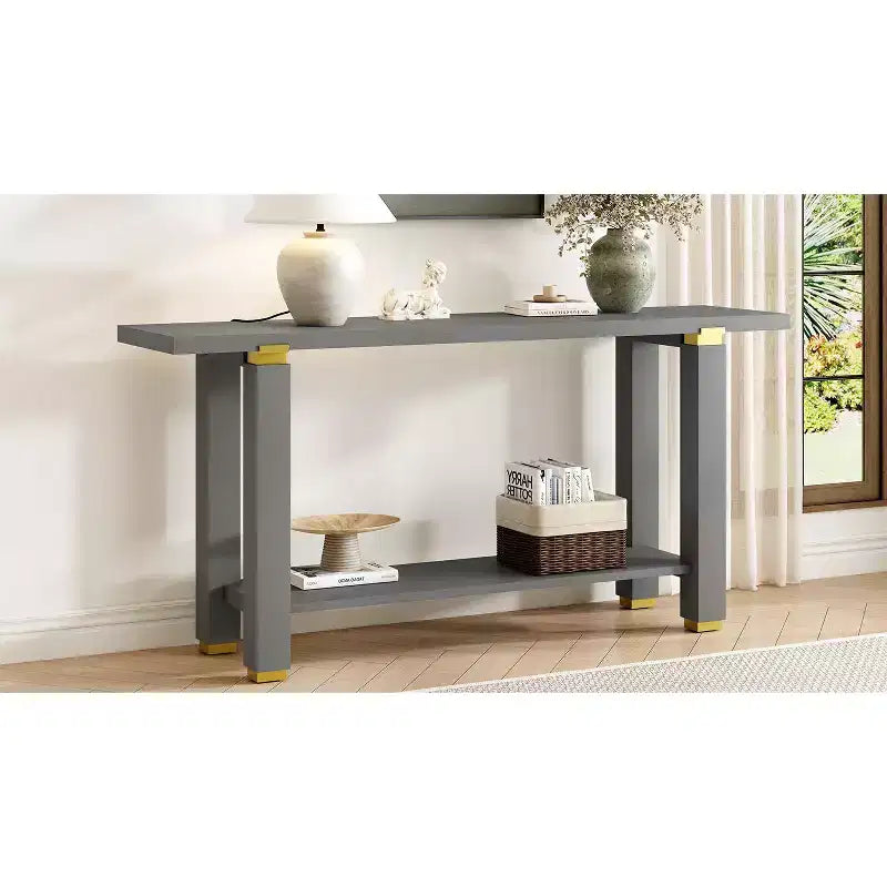 Consolle minimalista con contenitore, Tavolino da ingresso in legno con ripiano aperto, Tavolino da corridoio stile rustico