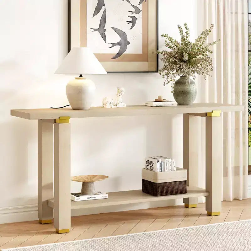 Consolle minimalista con contenitore, Tavolino da ingresso in legno con ripiano aperto, Tavolino da corridoio stile rustico