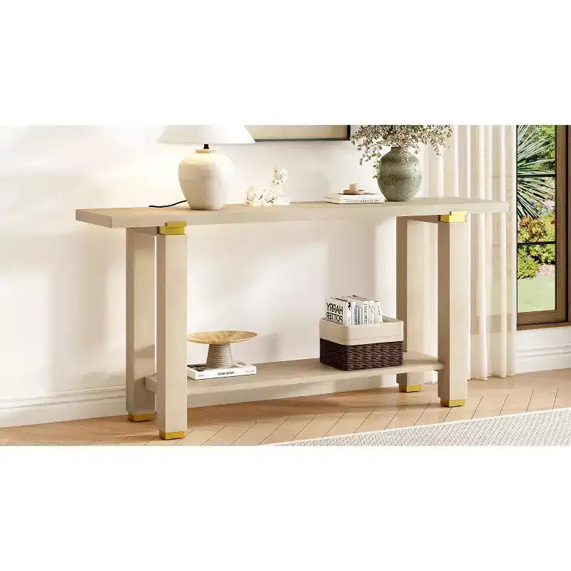 Consolle minimalista con contenitore, Tavolino da ingresso in legno con ripiano aperto, Tavolino da corridoio stile rustico