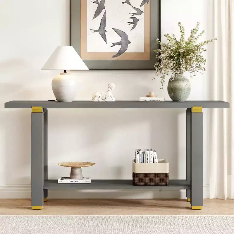 Consolle minimalista con contenitore, Tavolino da ingresso in legno con ripiano aperto, Tavolino da corridoio stile rustico