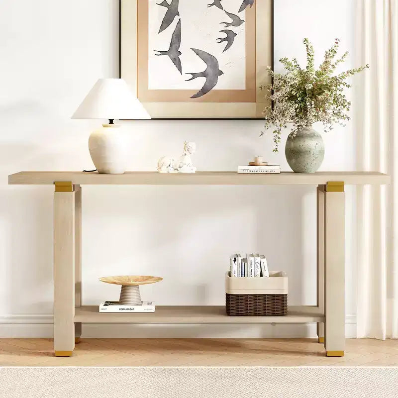 Consolle minimalista con contenitore, Tavolino da ingresso in legno con ripiano aperto, Tavolino da corridoio stile rustico
