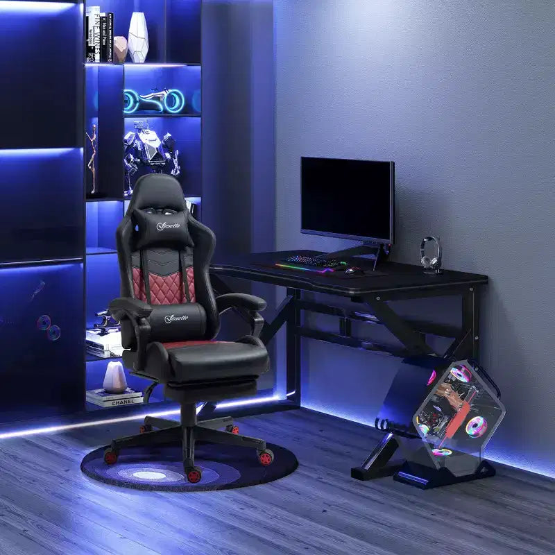 Chaise de Bureau et Gaming Fauteuil Gamer en Cuir PU Diamant, Dossier Haut, Fauteuil Inclinable Pivotant avec Repose-Pieds, Support Lombaire, Hauteur Réglable