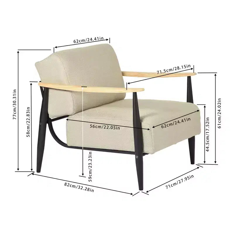 FurnitureR Fauteuil d'appoint moderne du milieu du siècle, fauteuil rembourré beige avec cadre en chêne massif, fauteuil de lecture confortable pour salon, chambre, bureau