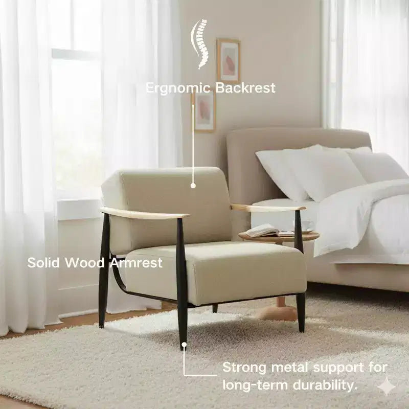 FurnitureR Fauteuil d'appoint moderne du milieu du siècle, fauteuil rembourré beige avec cadre en chêne massif, fauteuil de lecture confortable pour salon, chambre, bureau