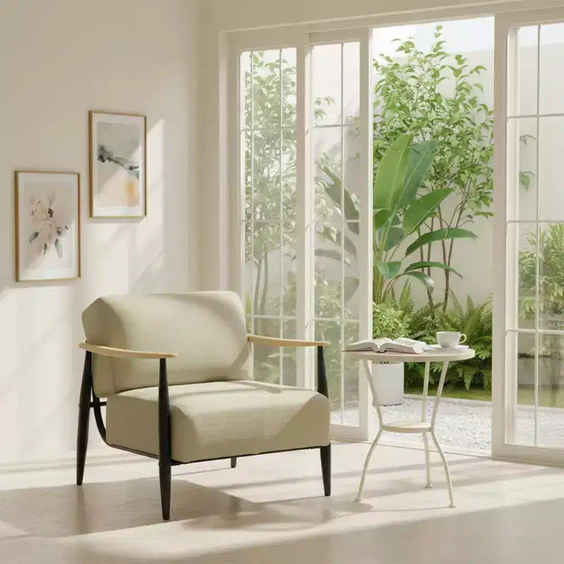 FurnitureR Fauteuil d'appoint moderne du milieu du siècle, fauteuil rembourré beige avec cadre en chêne massif, fauteuil de lecture confortable pour salon, chambre, bureau