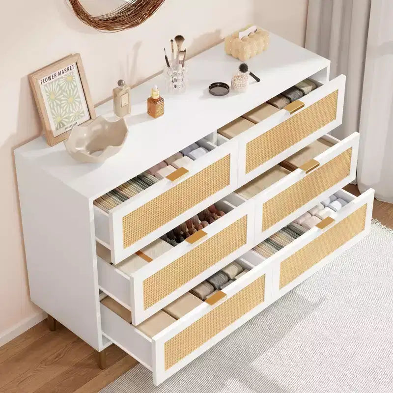 Comò Acekool in Rattan con 6 Cassetti, Cassettiera Moderna con Gambe e Maniglie Dorate, Comò Doppio Ampio, Antiribaltamento, per Camera da Letto e Soggiorno