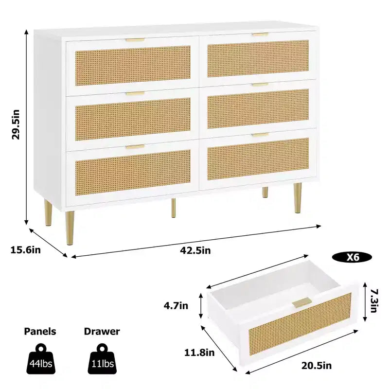 Comò Acekool in Rattan con 6 Cassetti, Cassettiera Moderna con Gambe e Maniglie Dorate, Comò Doppio Ampio, Antiribaltamento, per Camera da Letto e Soggiorno