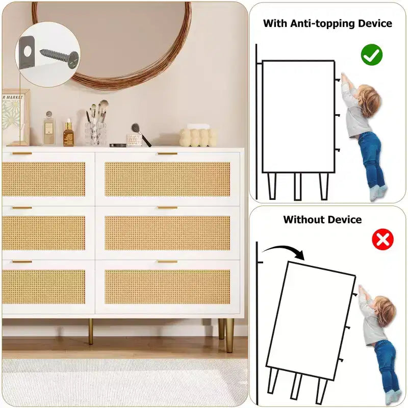 Comò Acekool in Rattan con 6 Cassetti, Cassettiera Moderna con Gambe e Maniglie Dorate, Comò Doppio Ampio, Antiribaltamento, per Camera da Letto e Soggiorno