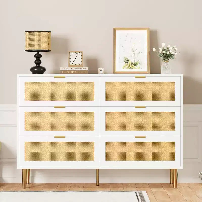 Comò Acekool in Rattan con 6 Cassetti, Cassettiera Moderna con Gambe e Maniglie Dorate, Comò Doppio Ampio, Antiribaltamento, per Camera da Letto e Soggiorno