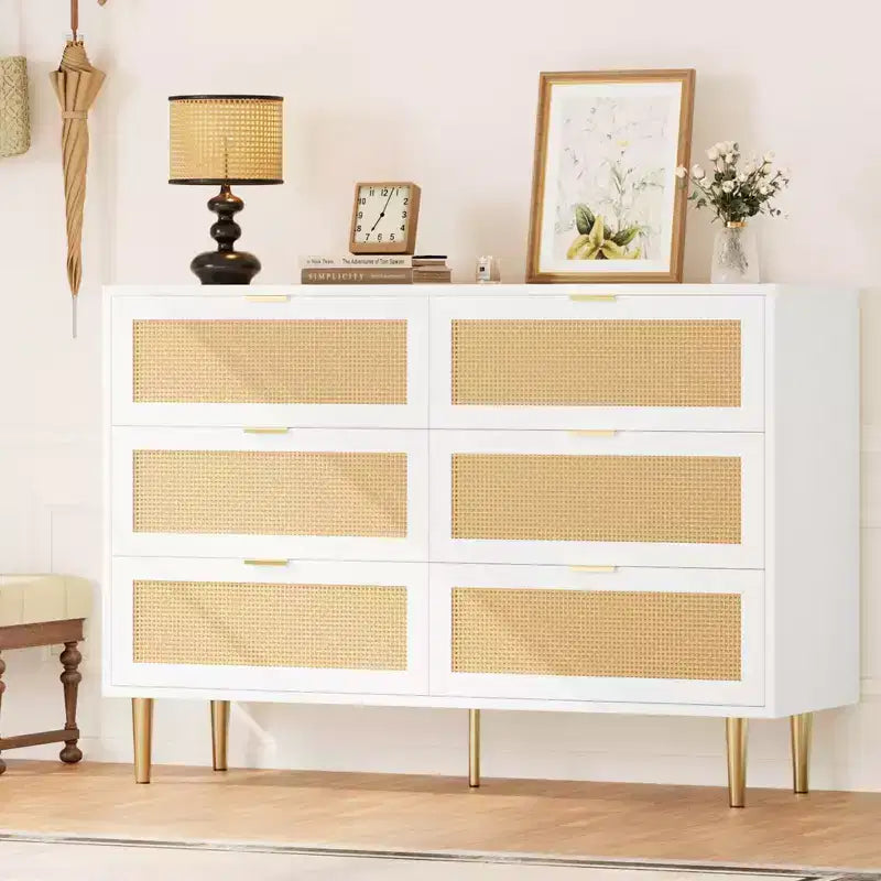Comò Acekool in Rattan con 6 Cassetti, Cassettiera Moderna con Gambe e Maniglie Dorate, Comò Doppio Ampio, Antiribaltamento, per Camera da Letto e Soggiorno