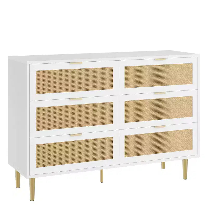 Comò Acekool in Rattan con 6 Cassetti, Cassettiera Moderna con Gambe e Maniglie Dorate, Comò Doppio Ampio, Antiribaltamento, per Camera da Letto e Soggiorno