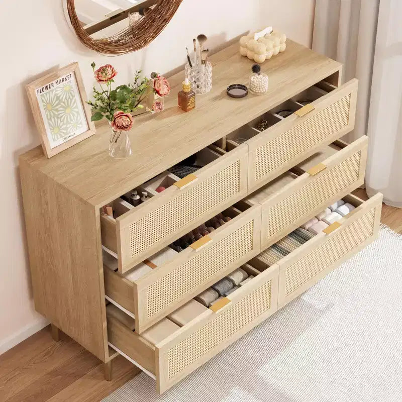 Comò Acekool in Rattan con 6 Cassetti, Cassettiera Moderna con Gambe e Maniglie Dorate, Comò Doppio Ampio, Antiribaltamento, per Camera da Letto e Soggiorno
