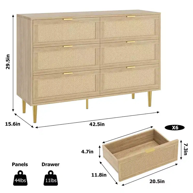 Comò Acekool in Rattan con 6 Cassetti, Cassettiera Moderna con Gambe e Maniglie Dorate, Comò Doppio Ampio, Antiribaltamento, per Camera da Letto e Soggiorno