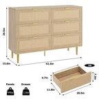 Comò Acekool in Rattan con 6 Cassetti, Cassettiera Moderna con Gambe e Maniglie Dorate, Comò Doppio Ampio, Antiribaltamento, per Camera da Letto e Soggiorno
