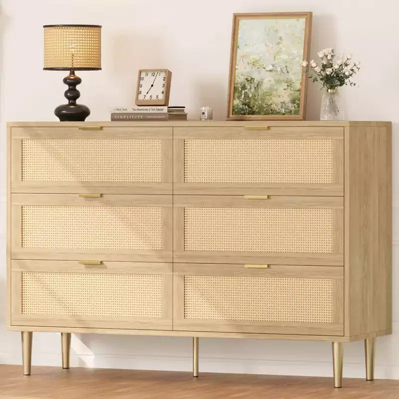 Comò Acekool in Rattan con 6 Cassetti, Cassettiera Moderna con Gambe e Maniglie Dorate, Comò Doppio Ampio, Antiribaltamento, per Camera da Letto e Soggiorno
