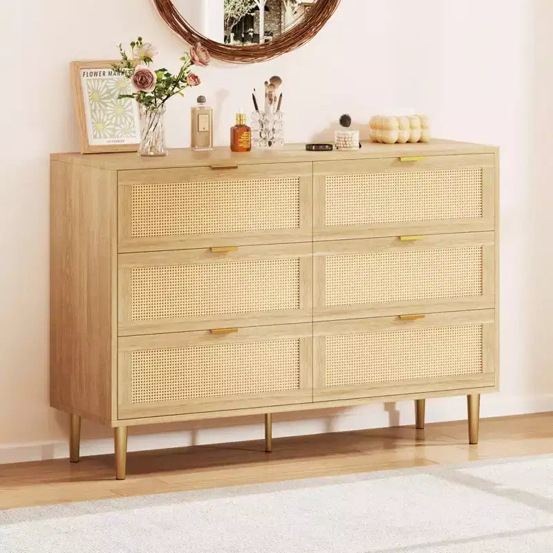 Comò Acekool in Rattan con 6 Cassetti, Cassettiera Moderna con Gambe e Maniglie Dorate, Comò Doppio Ampio, Antiribaltamento, per Camera da Letto e Soggiorno