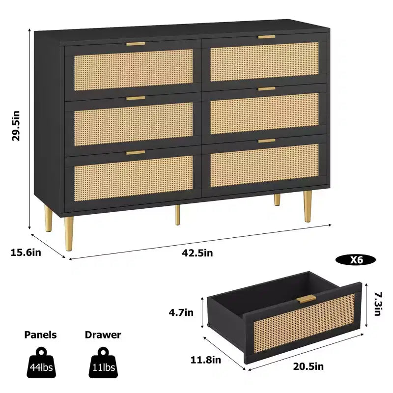 Comò Acekool in Rattan con 6 Cassetti, Cassettiera Moderna con Gambe e Maniglie Dorate, Comò Doppio Ampio, Antiribaltamento, per Camera da Letto e Soggiorno